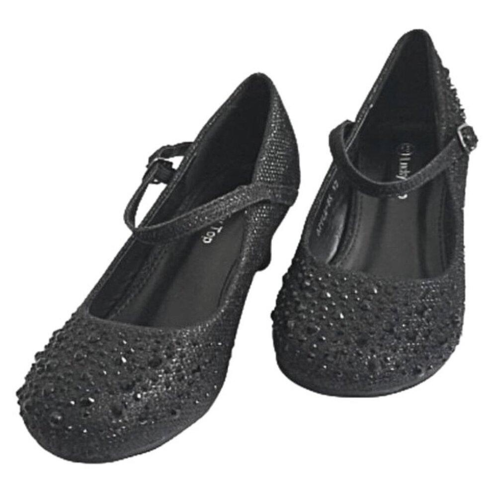 Lucky Top Kid Girls Sparkling Mary Jane Rhinestone Black Glitter Dress Shoes
